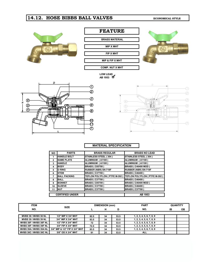 3/4" MNPT Quarter Turn Brass Hose Bibb - Lead Free specification sheet
