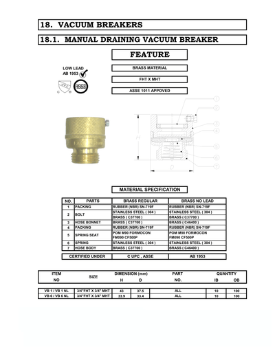 3/4" Hose Bibb Vacuum Breaker specifications sheet