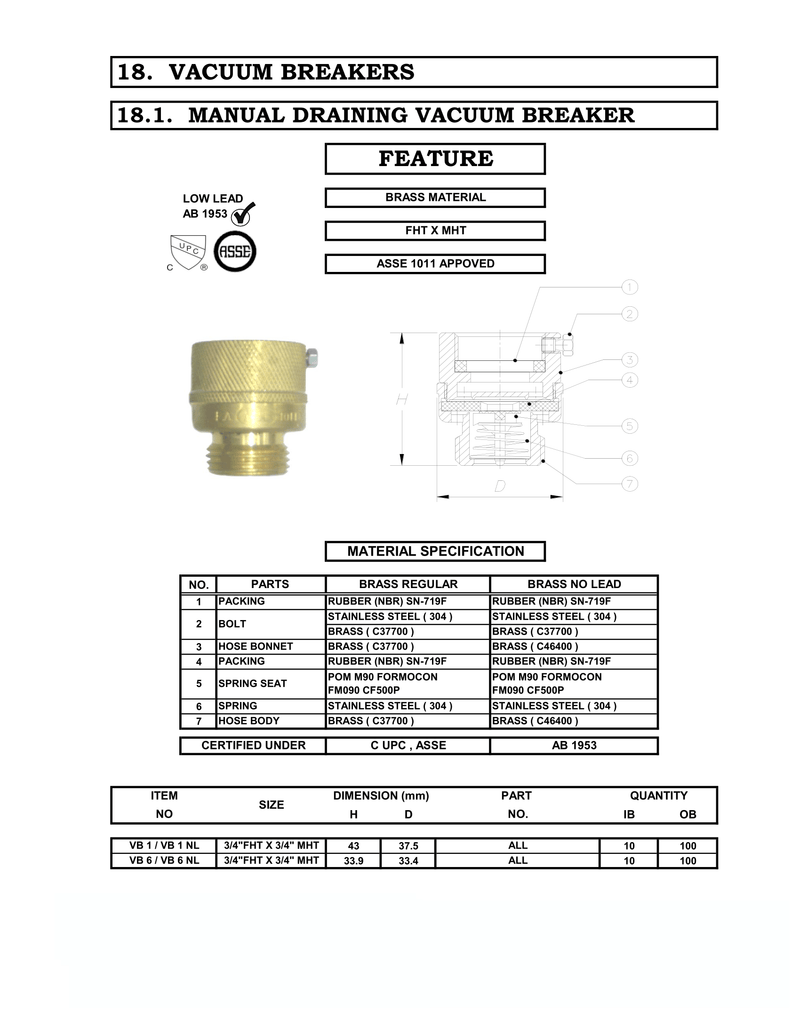 3/4" Hose Bibb Vacuum Breaker specifications sheet