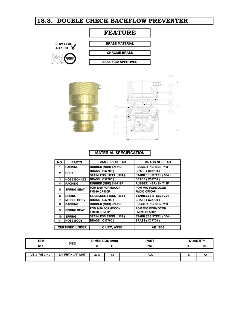 3/4" Hose Bibb Vacuum Breaker - Dual Check specifications sheet