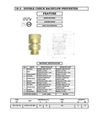 3/4" Hose Bibb Vacuum Breaker - Dual Check Specification Sheet