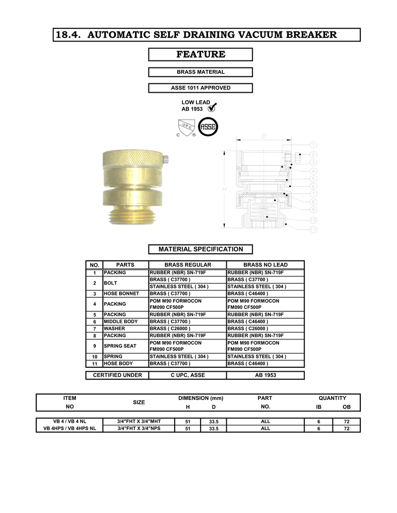 3/4" Hose Bibb Vacuum Breaker - Self-Draining diagram