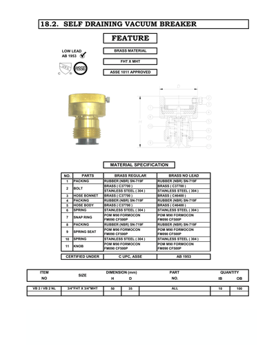 3/4" Hose Bibb Vacuum Breaker - Piston Activated, Self-Draining specifications sheet