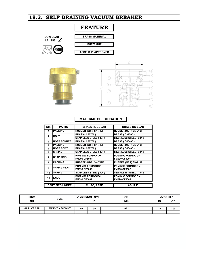 3/4" Hose Bibb Vacuum Breaker - Piston Activated, Self-Draining Specification Sheet
