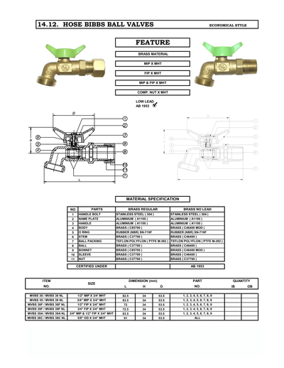 1/2" MNPT Quarter Turn Brass Hose Bibb - Lead Free specification sheet