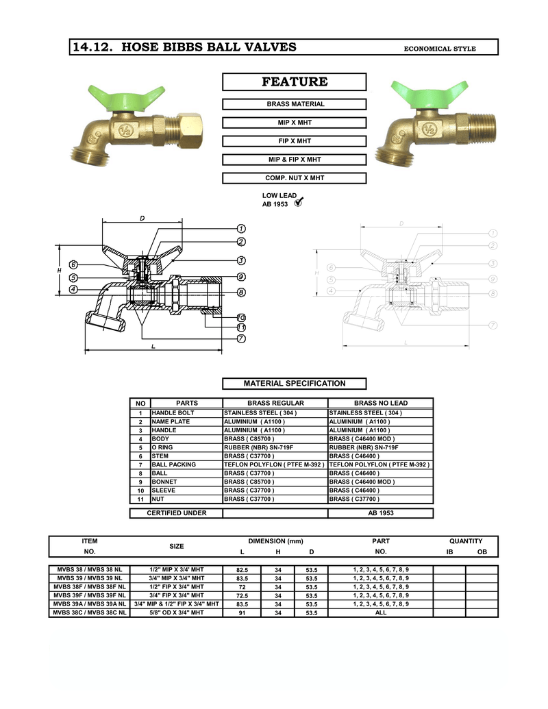 3/4" MNPT Quarter Turn Brass Hose Bibb - Lead Free specifications sheet