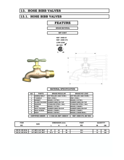 1/2" MNPT Multi Turn Brass Hose Bibb - Lead Free Specifications Sheet