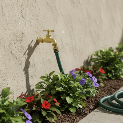 outdoor faucet hose bibb spigot attached to a wall with plants and a coiled green hose below.