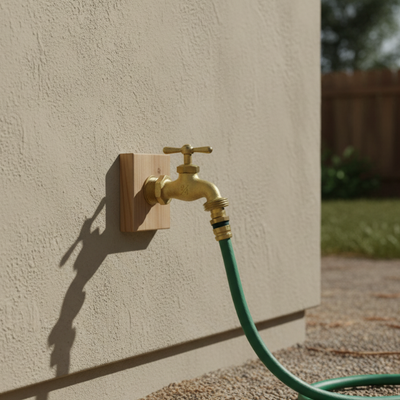outdoor faucet hose bibb spigot attached to a wall with hose