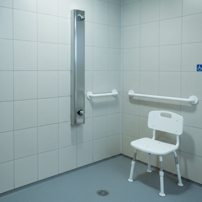 ADA-approved metered shower panel for use in assisted living facilities
