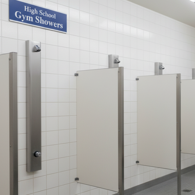 Time adjustable shower panel for water conservation in high school gym locker settings
