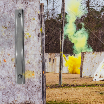 Outdoor Push Button Shower Panel at a paintball facility main