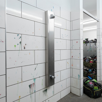 Push button shower panel at a paintball or recreational sports complex