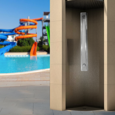Outdoor Push Button Shower Panel at an amusement park main
