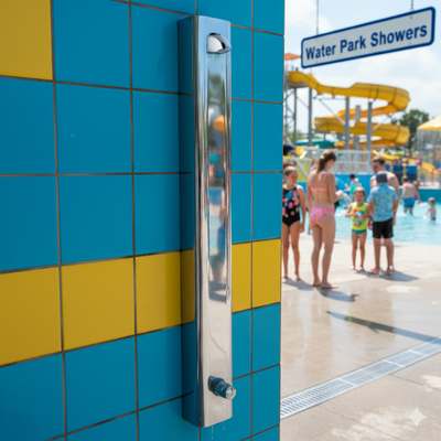 Metered shower panel for rinse-off stations at amusement and water parks
