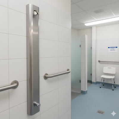 Accessible self closing shower panel with grab bars and a chair in a healthcare / nursing home setting