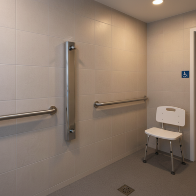 Metered push button shower panel, ADA comliant for use in nursing homes