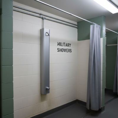 Push button metered shower panel for basic training military base shower rooms