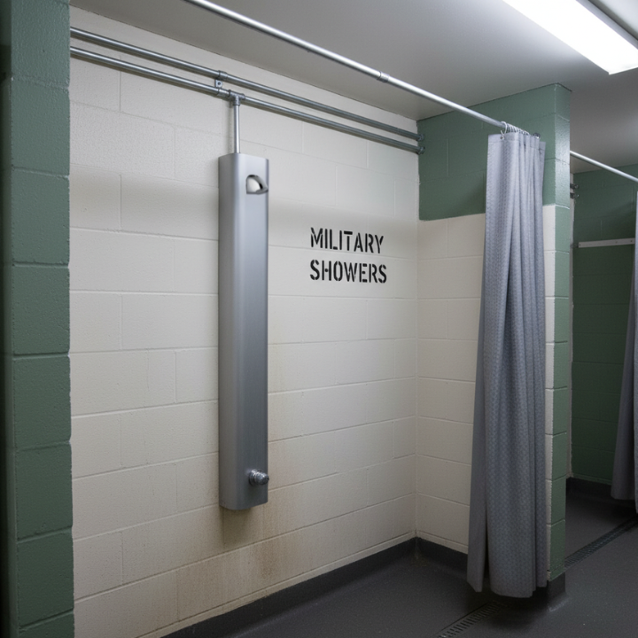 Push button metered shower panel for basic training military base shower rooms