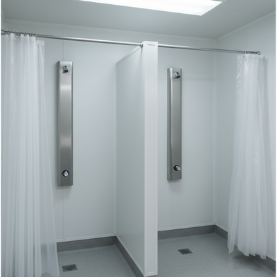 Push button shower panel for temporary housing or modular FEMA housing bathrooms