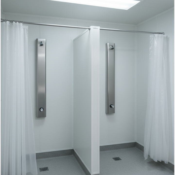 Push button shower panel for temporary housing or modular FEMA housing bathrooms
