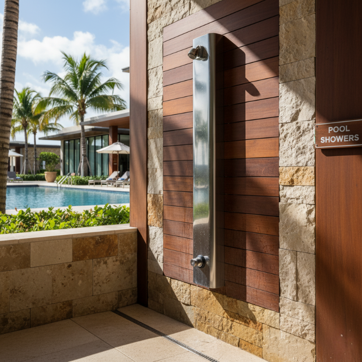 Time adjustable push button shower panel for luxury pool showers at resort hotels