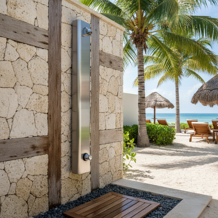 Push button shower panel for use at hotel beach showers, time adjustable for water conservation