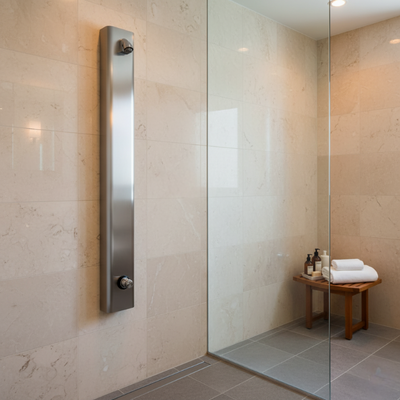 Push button shower panel for luxury hotel showers and saunas