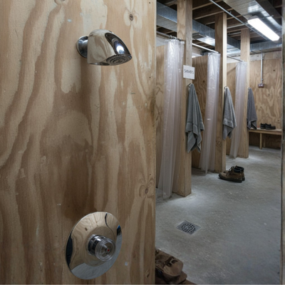 presto push button shower valve with anti-ligature shower head in worker housing communal shower main