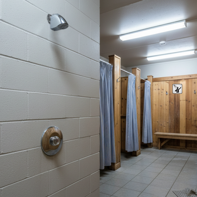 push button shower valve - time & temp fixed at an RV park/ campground indoor facility main