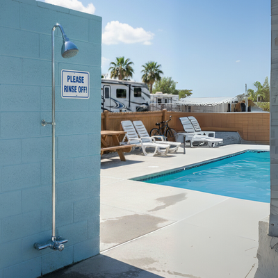 shower tower kit - push button, adjustable time & temp at an RV park/ campground pool main
