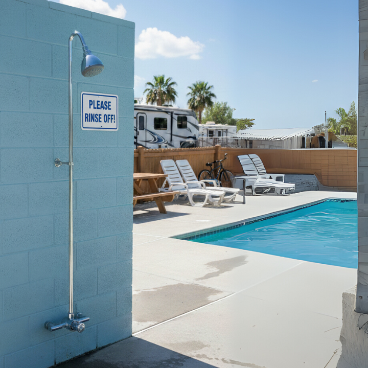 shower tower kit - push button, adjustable time & temp at an RV park/ campground pool main