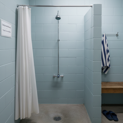 indoor shower tower kit - push button, adjustable time & temp at an RV park/ campground main
