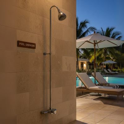 outdoor shower tower kit - push button, adjustable time & temp at a resort/ hotel pool main