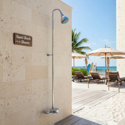 outdoor shower tower kit - push button, adjustable time & temp at a resort / hotel beach main