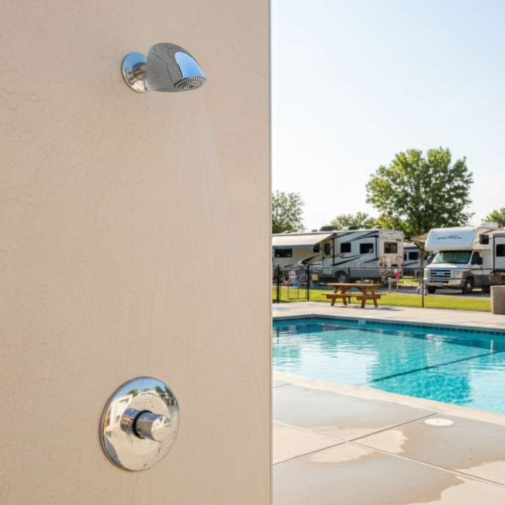Outdoor Push button shower valve at an RV park/ campground pool main