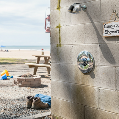 push button shower valve at an rv park/ campground beach main