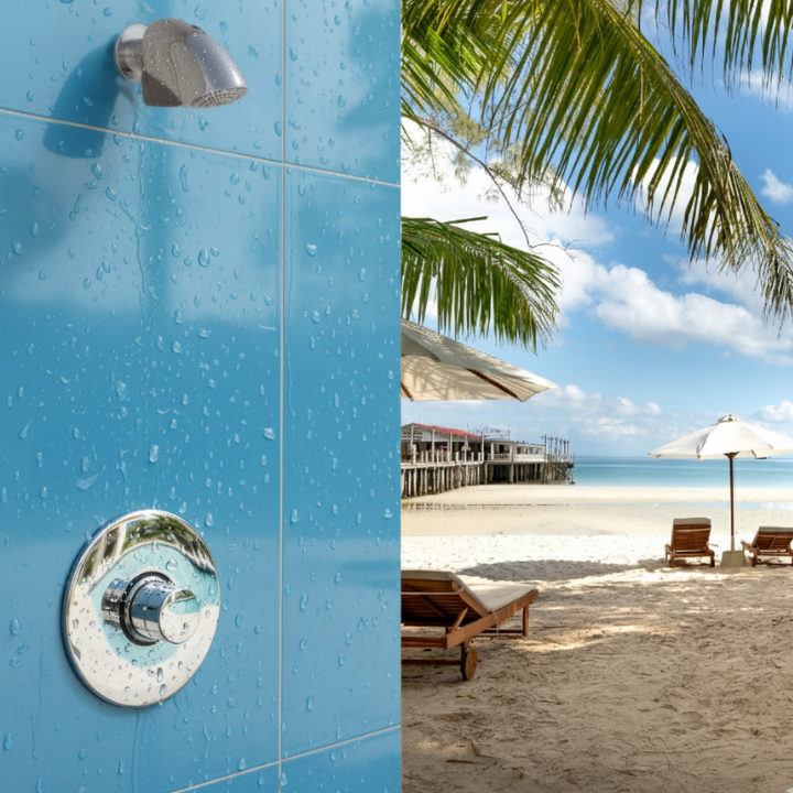 Outdoor push button valve with anti-ligature shower head at a resort/ hotel beach main