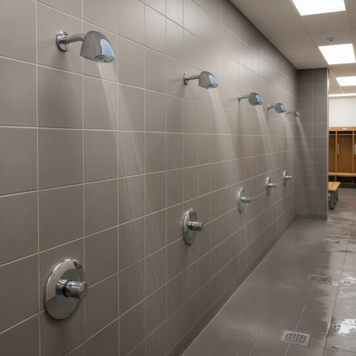 indoor time and temperature adjustable shower valve and anti-ligature shower head at a sports complex main