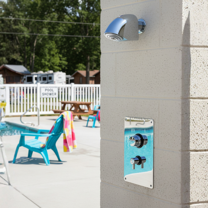 outdoor pool shower valve panel wall unit - push button, adjustable time & temp at an RV park/ campground MAIN