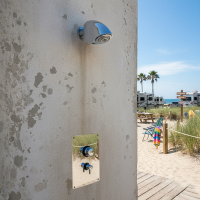 outdoor shower valve panel wall unit - push button, adjustable time & temp at an RV/ campground beach main