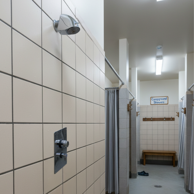 indoor shower valve panel wall unit - push button, adjustable time & temp at an RV/ campground  main