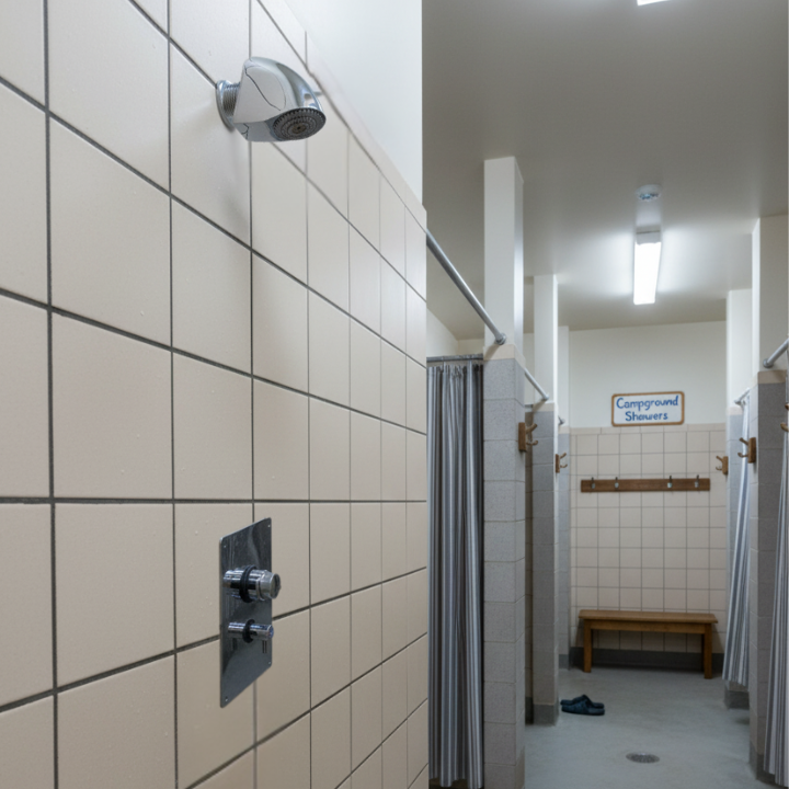 indoor shower valve panel wall unit - push button, adjustable time & temp at an RV/ campground  main