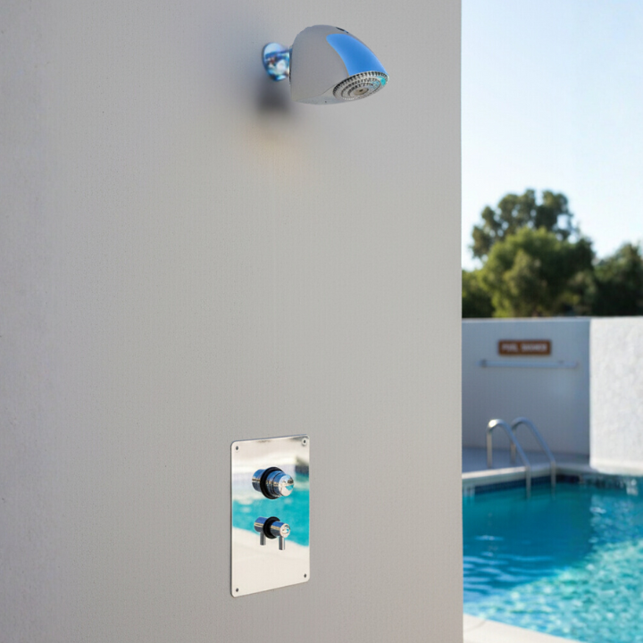 outdoor pool shower valve panel wall unit - push button, adjustable time & temp at a resort / hotel Main