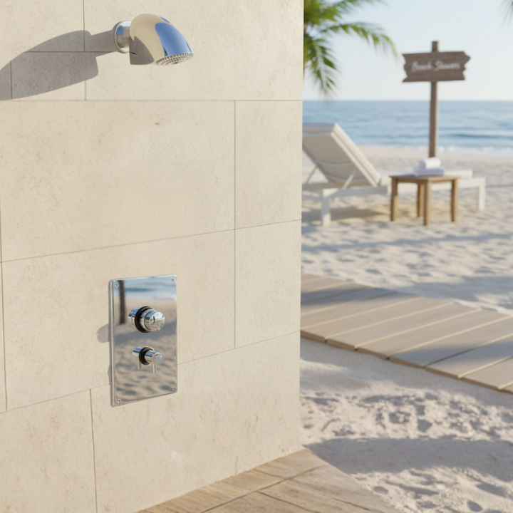 shower valve panel wall unit - push button, adjustable time & temp at a resort/ hotel beach area main