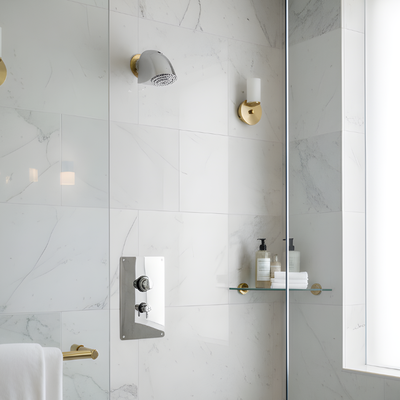shower valve panel wall unit - push button, adjustable time & temp at a resort/ hotel main