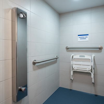 Push button shower panel, ADA compliant for use in assisted living shower rooms