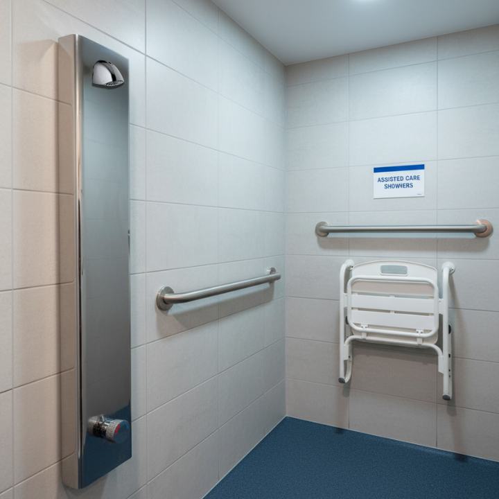 Push button shower panel, ADA compliant for use in assisted living shower rooms