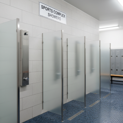 Push button Shower stalls in a sports complex with a sign above.