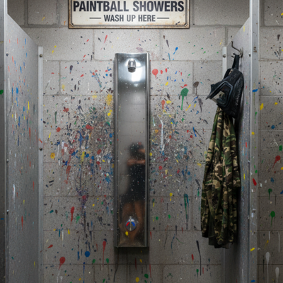 Adjustable time and temperature Push button shower panel at a paintball or recreational sports complex